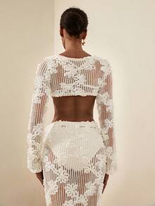 Écloséra Áo thun nữ màu trơn dệt kim họa tiết lá phong, khoét rỗng, tay dài, buộc dây phía trước, kiểu dáng thanh lịch, thích hợp đi biển. - Màu be - Xem 2