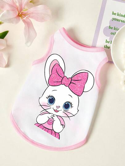 PETSIN 1 pieza de chaleco para mascotas con estampado de conejito sonrojado y lazo de mariposa, con ribete rosa, blanco, transpirable y amigable con la piel