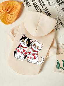 PETSIN 1件可爱两只小猫咪相拥印花宠物连帽衫 米色运动风加厚保暖宠物衣服 - 米色 - 查看 1