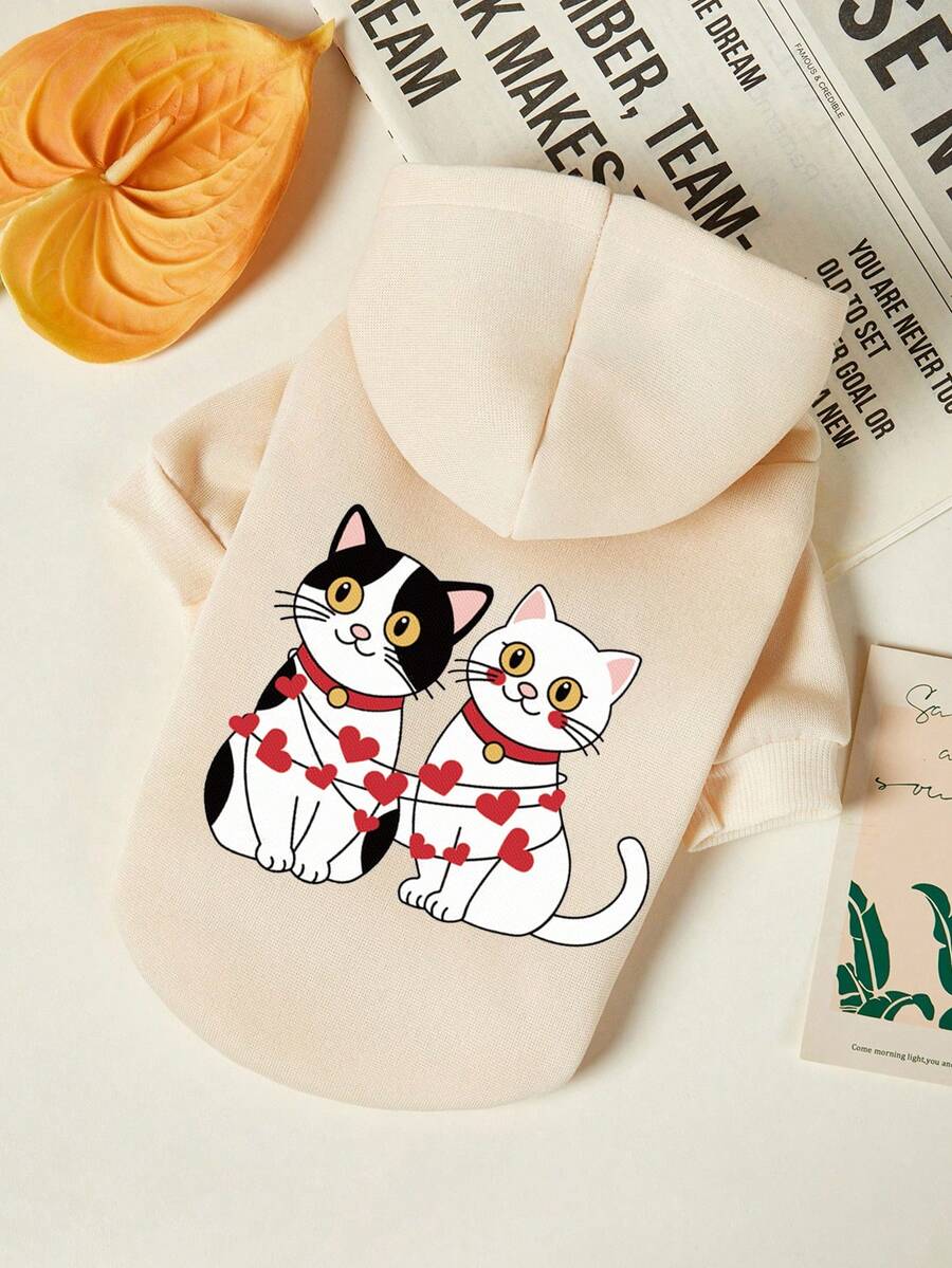 PETSIN 1件可爱两只小猫咪相拥印花宠物连帽衫 米色运动风加厚保暖宠物衣服 - 米色 - 查看 1