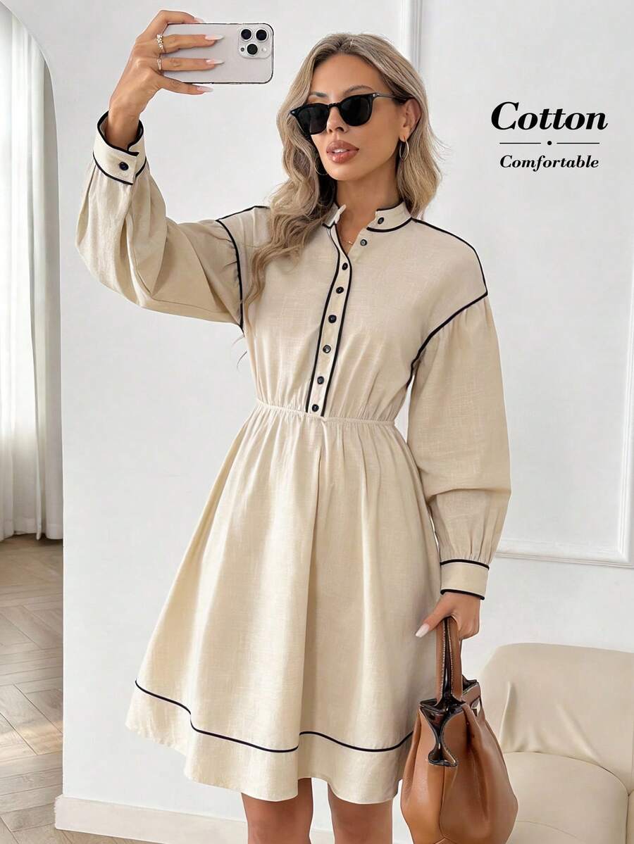 Easowa 女士纽扣半开襟落肩长袖休闲中长连衣裙 - 杏色 - 查看 1