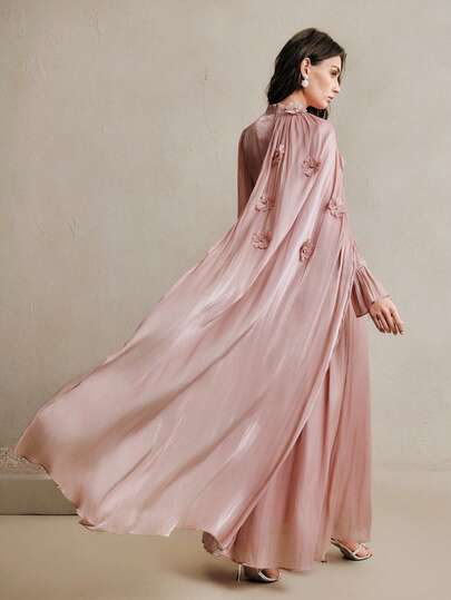Anewsta Women's Floral Decor Shawl Collar Elegant Fashion Dress Flowy Dresses For Women Modest Long Dress Dusty Pink Dress Women