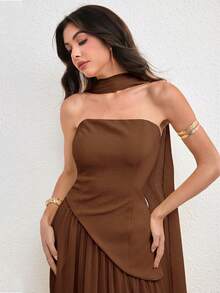 Modelyn 女士不对称荷叶边下摆无袖连衣裙，配围巾领，优雅迷人，春夏款 - 棕色 - 查看 5