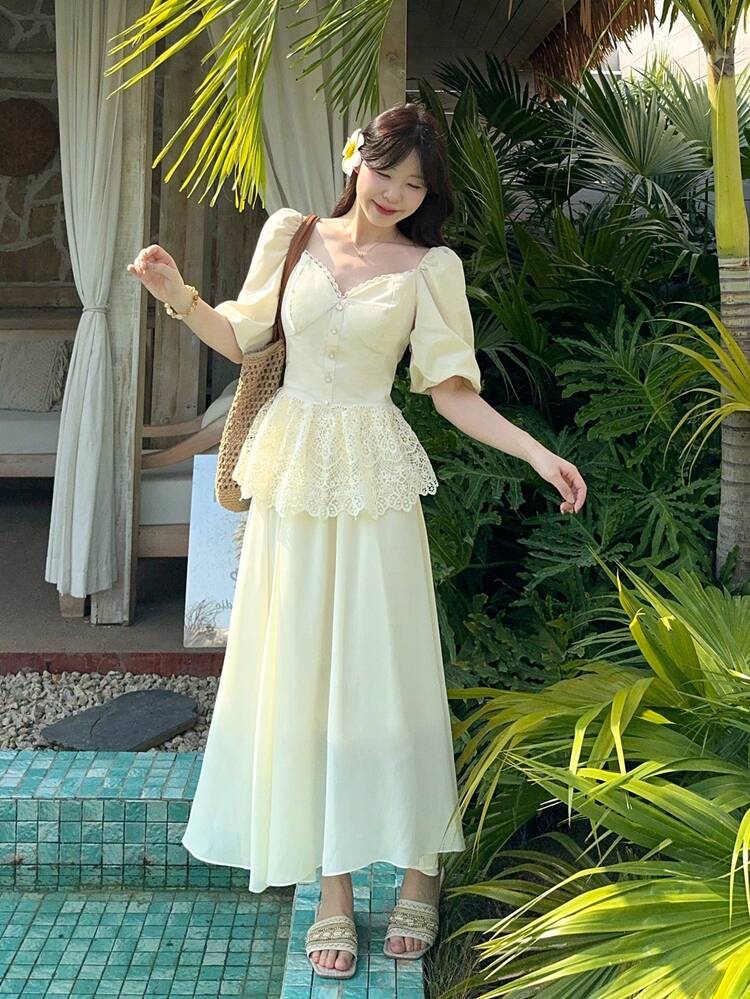 Women's V-Neck Lace Puff Sleeve Korean Style Lace Ruffle Hem Chiffon Skirt Elegant 2-Piece Set