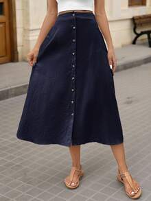 Brillora Rok Panjang Model A-Line Kasual Berwarna Biru Dongker untuk Wanita - Navy Blue - View 3