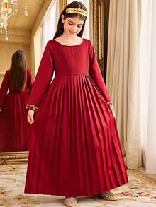 SHEIN 少女优雅长袖外套连衣裙套装 - 紅色 - 查看 3