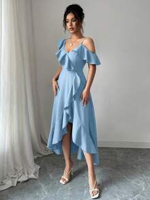 Elenzga Women's Elegant Ruffle Denim Effect Dress - Sky Blue - View 5
