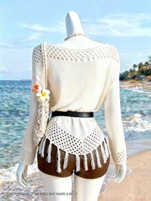 GlowEve Asymmetrical Fringe Hem Hollow Out Long Sleeve Knit Blouse For Women, Spring/Summer - Apricot - View 2