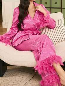 Moireta Elegant Mature Charm Vintage Frayed Decor Mandarin Collar Flare Pants Jacquard Solid Color Women Pajama Set, Suitable For Valentine's Day - Hot Pink - View 1