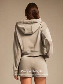 GLOWMODE Sudadera con capucha de manga larga con bolsillos laterales con cremallera, de modal y felpa, con ojales para el pulgar, para uso diario y casual - Caqui - Ver 2