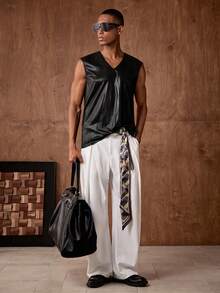AKNOTIC Business Casual 男士纯色梭织休闲V领无袖背心，夏季男士无袖上衣，男士无袖衬衫，男士黑色无袖背心，男士V领上衣 - 黑色 - 查看 6