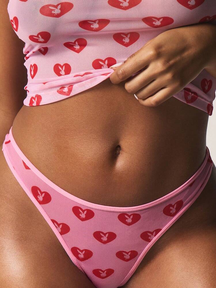 Missguided x Playboy Heart Print Mesh Thong Underwear With Bunny Pattern Valentine Lingerie Intimate