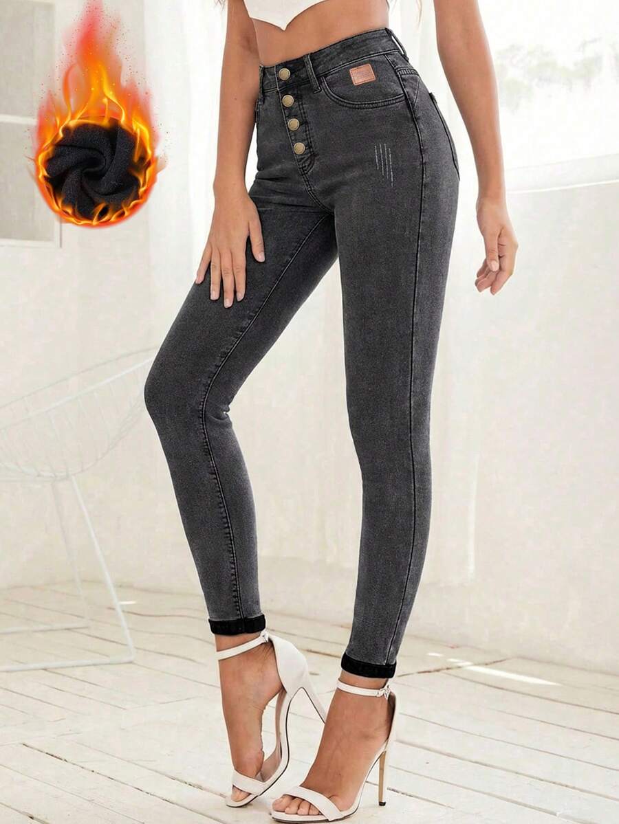 SHEIN Unity High Waist Front Button Skinny Thermal Lined Jeans - Grey - View 1