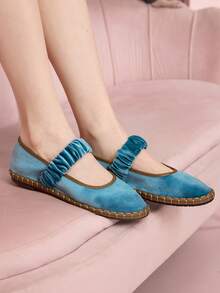 CUCCOO DOLLMOD Giày bệt nữ màu cam sáng, thanh lịch, cổ điển, thoải mái, xếp ly, kiểu Mary Jane bằng nhung. - Màu xanh nước biển / Kaki - Xem 6