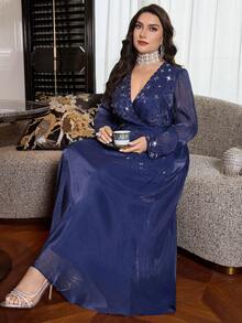 Modelyn 大码女式优雅束腰水钻装饰简约连衣裙 - 寶藍色 - 查看 2
