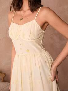 Enchnt Women's Elegant Floral Print & Embroidery Slip Dress, Summer - Apricot - View 4