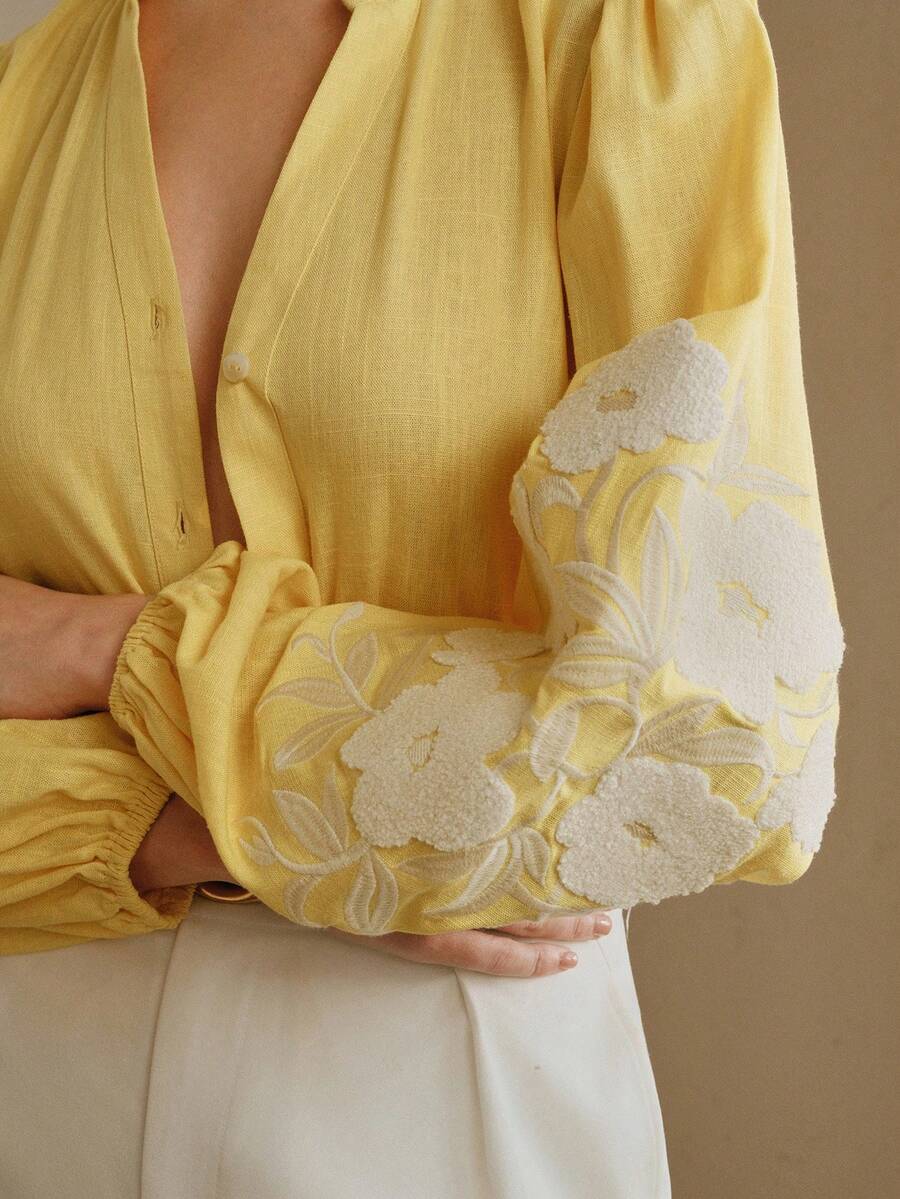 Anewsta Women's Embroidered Blouse, Fresh And Elegant , Delicate Embroidery, V-Neck Lantern Sleeve, Loose And Slimming Long Sleeve Top - Yellow - View 1