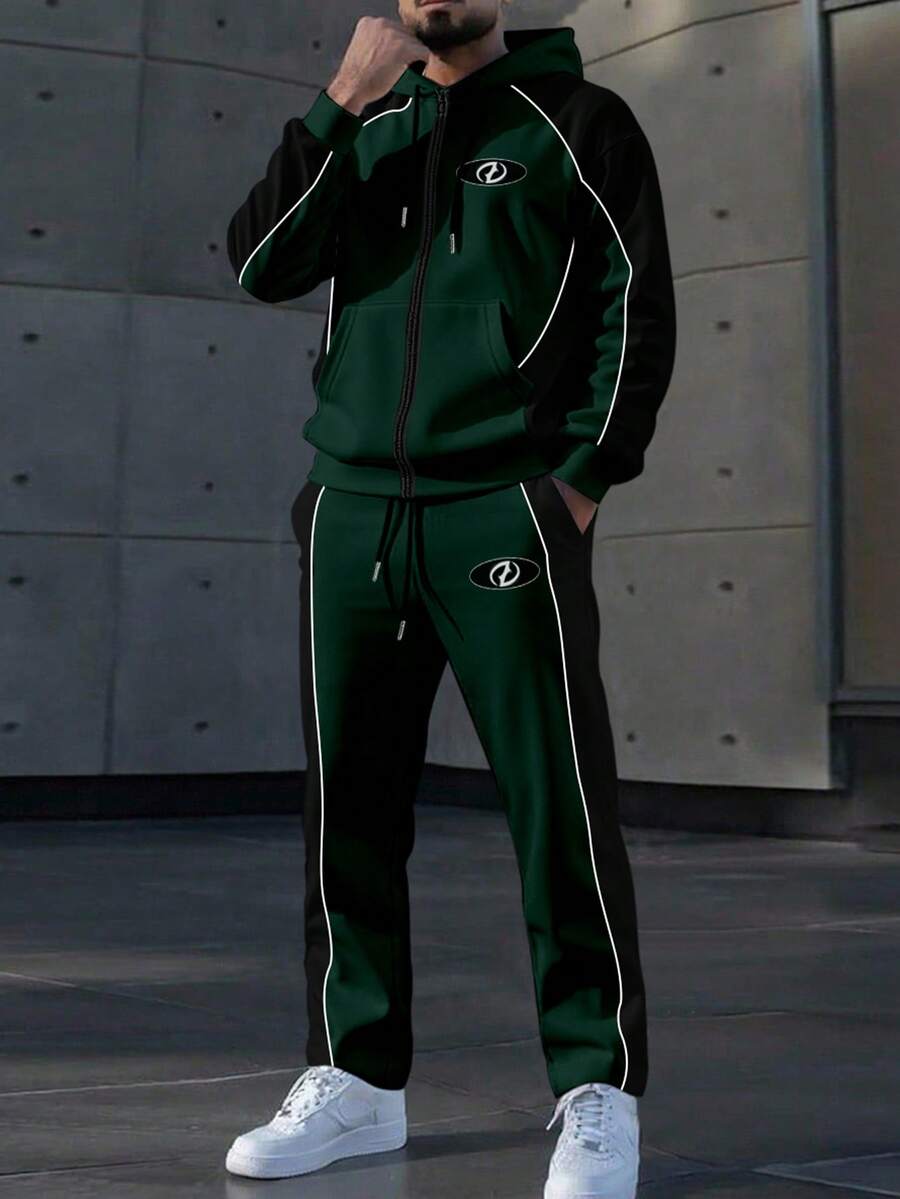 Manfinity Homme Men's Contrast Color Patchwork Hoodie And Sweatpants Set