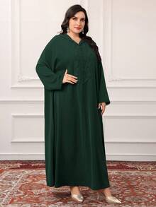 Al Najma Plus Size Women's Solid Color Hooded Applique Casual Loose Daily Wear Arabic Style Long Sleeve Dress - Dark Green - View 4