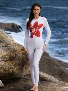 Swim Shayni Áo tắm nữ liền thân tay ngắn in họa tiết và váy bơi hoa văn 3D kiểu dáng thường ngày, lý tưởng cho kỳ nghỉ hè ở bãi biển. - Đỏ và trắng - Xem 5