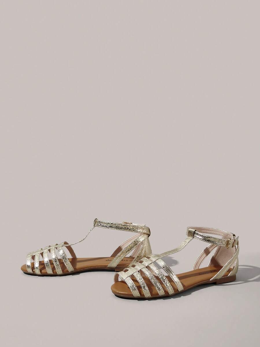 Styleloop 夏季畅销款金属金色多带平底凉鞋，时尚百搭露趾女式平底凉鞋 - 金色 - 查看 1