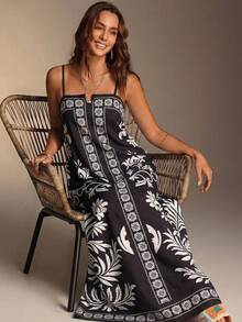 Swim Vcay 夏日海滩风宽松花卉中式印花长裙 - 黑與白 - 查看 5