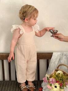 LMoss Kids Bộ áo liền quần dệt kim màu trơn cổ vuông xếp nếp cho bé gái - Màu be - Xem 2