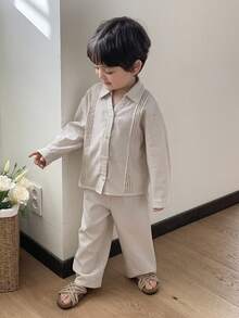 DAZY 2pcs Toddler Boys' Collared Long Sleeve Shirt And Casual Long Pants Set - Apricot - View 7