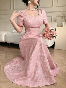 DAZY Đầm maxi nữ thanh lịch cổ vuông tay phồng đính hoa và ngọc trai giả, thích hợp cho dự tiệc cưới mùa hè. - Hồng - Xem 4