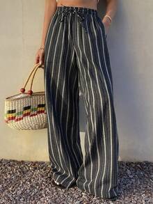 Livesso 女士休闲条纹抽绳阔腿裤 - 藏蓝色 - 查看 1