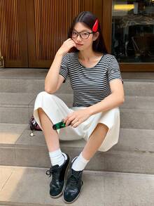 DAZY 女士圆领条纹韩版休闲长袖T恤，春秋季 - 黑色 - 查看 6