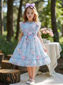 Elladie kids Đầm không tay in hoa hồng, dáng phồng, khóa kéo sau lưng, thanh lịch, đa năng, ngọt ngào và dễ thương kiểu công chúa cho bé gái 2-5 tuổi. Thích hợp mặc hàng ngày. - Màu xanh lam - Xem 4