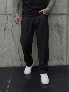 GENTILAND 男士纯色褶裥口袋阔腿休闲裤 男士正装裤 男士阔腿裤 男士高腰裤 男士褶裥西装裤 黑色男士休闲裤 - 黑色 - 查看 3