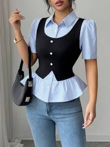 Elenzga Women's Collared Blue & White Striped Puff Sleeve Fitted Splice Blouse, Fashionable Daily Wear, Commute, Elegant New Style Black Shirt - Multicolor - View 3