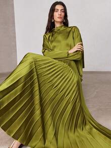 ZEYLAH 2pcs Women's Flowy Top With Pleated A-Line Midi Skirt Set, Spring - Olive Green - View 6