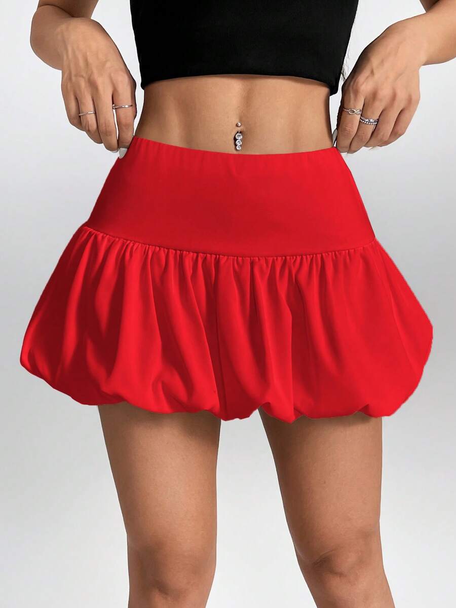 SHEIN PETITE 女款純色高腰荷葉邊迷你短裙紅色短褲，適合小個女生