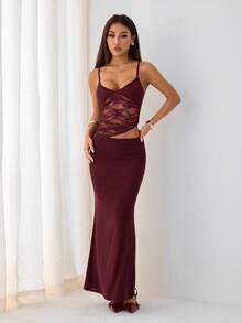 SHEIN PETITE Đầm maxi gợi cảm xuyên thấu, khoét eo, phối ren tương phản, thích hợp cho kỳ nghỉ hè trên bãi biển, hẹn hò hàng ngày, đi chơi đêm, hộp đêm, tiệc tùng, tiệc cocktail, tiệc bể bơi, và mùa tựu trường. - Màu đỏ tím - Xem 10