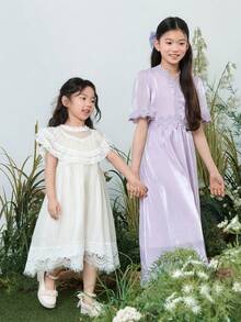 DAZY Girls (Small) Lace Korean Style Casual Round Neck Ruffle Trim Dress - White - View 7