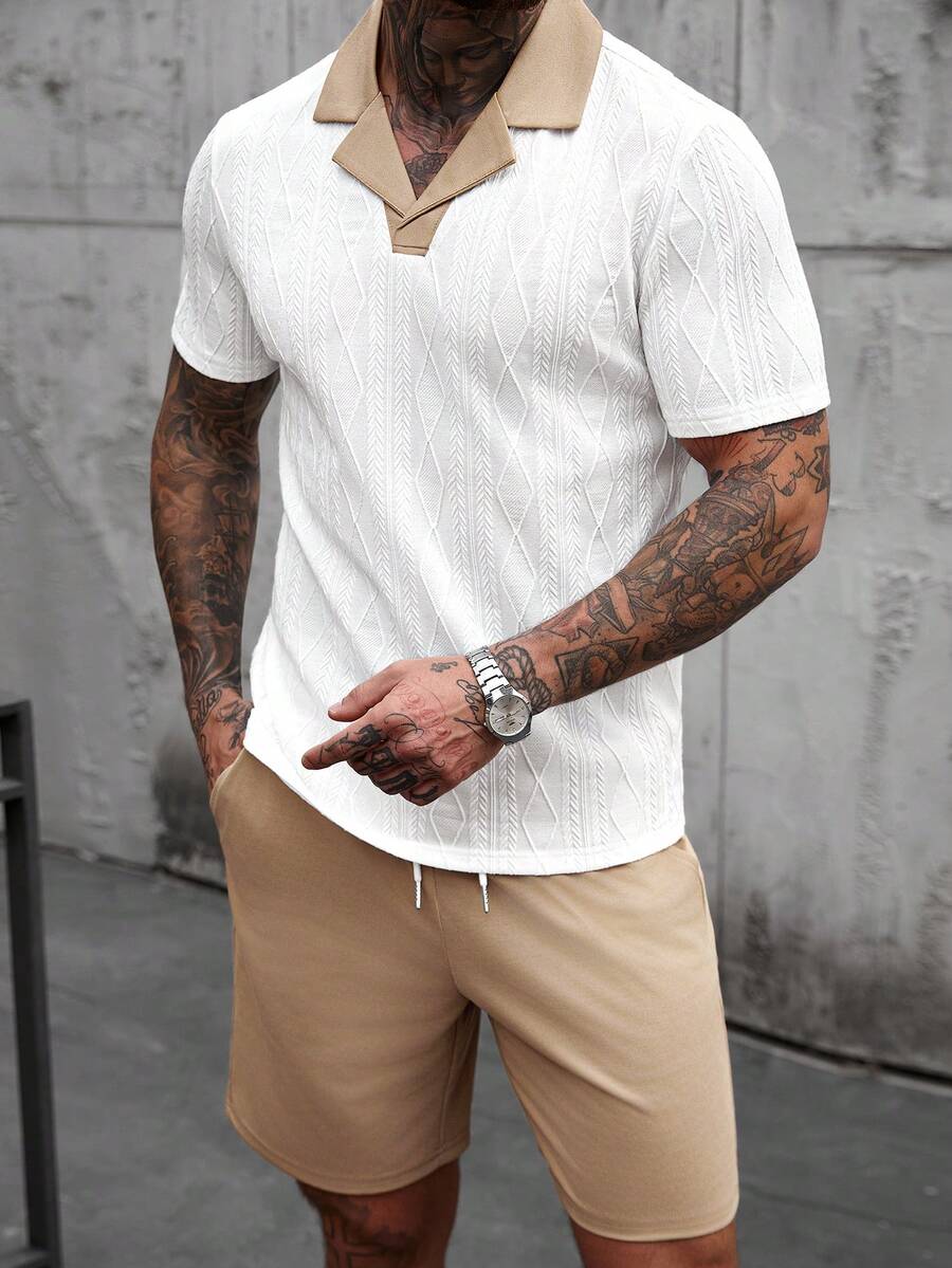 Manfinity CasualCool 男士夏季休闲撞色纹理 Polo 衫和短裤套装 - 彩色 - 查看 1