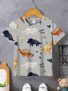 Áo thun ngắn tay cổ tròn in hình khủng long hoạt hình dễ thương, kiểu dáng thường ngày cho bé trai, thích hợp mặc mùa hè. - Nhiều màu - Xem 3