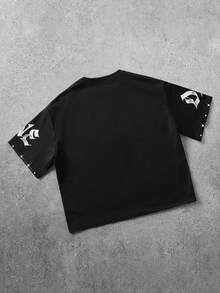 ROMWE MEN Street Life Spring/Summer Casual Graphic Men'S Rhinestone Print Loose Short T-Shirt - Black - View 2