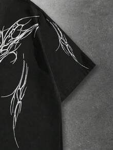 ROMWE MEN Goth 印花前开襟纽扣休闲短袖衬衫（现货） - 黑色 - 查看 4