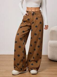 SHEIN PETITE Women's Casual Polka Dot Print Low Waist Loose Wide Leg Pants, Suitable For Daily Commute - Khaki - View 5