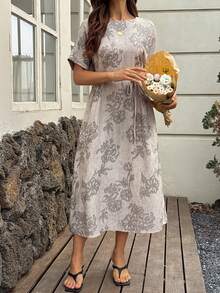 Vivie Lora 女士印花圆领蝙蝠袖中长连衣裙，度假风 - 綠色 - 查看 7