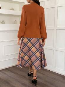 Vivie Lora Women's Turtleneck Ribbed Plaid Skirt Set - Khaki - View 3