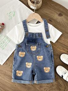 LMoss Kids Baby Boy Cute Cartoon Bear Print Denim Bib Shorts With Flap Pockets, Casual Daily Wear, Summer - Light Wash - View 3