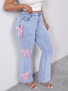 SHEIN PETITE CURVE Quần jean ống loe màu hồng thanh lịch, trang trí nơ, co giãn, thoải mái, thích hợp cho mùa hè và mùa xuân, dành cho các bữa tiệc Valentine, lễ hội hóa trang, tiệc tùng. - Rửa nhẹ - Xem 3