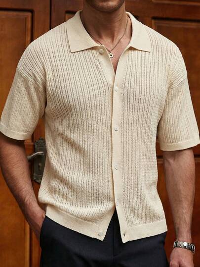 Manfinity Homme Camisa de punto de manga corta con botones casual y elegante para hombre, camisa de ganchillo para hombre, camisa de malla de red para hombre, camisa texturizada abierta de punto para hombre, camisa beige de verano para hombre, camisa de punto de verano para hombre