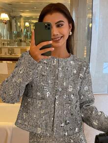 DAZY Elegant Long Sleeve Women's Jacket, Shiny And Graceful For Professional Office Wear, Spring/Summer Carnival - Silver - View 1