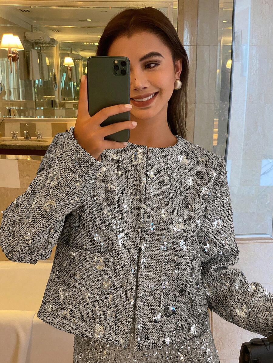 DAZY Elegant Long Sleeve Women's Jacket, Shiny And Graceful For Professional Office Wear, Spring/Summer Carnival - Silver - View 1